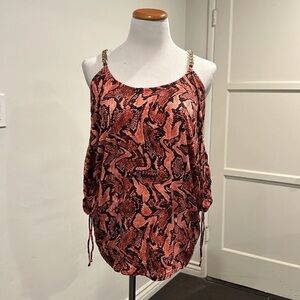 Michael Kors Red and Black Swirl Blouse with Gold Chains 3/4 sleeves